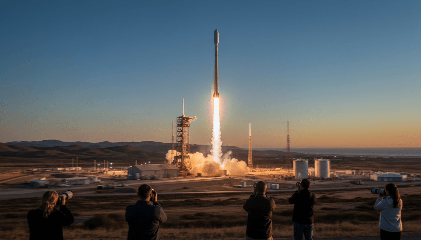 A Falcon 9 rocket, carrying 24 Starlink satellites, lifts off from Vandenberg Space Force Base.