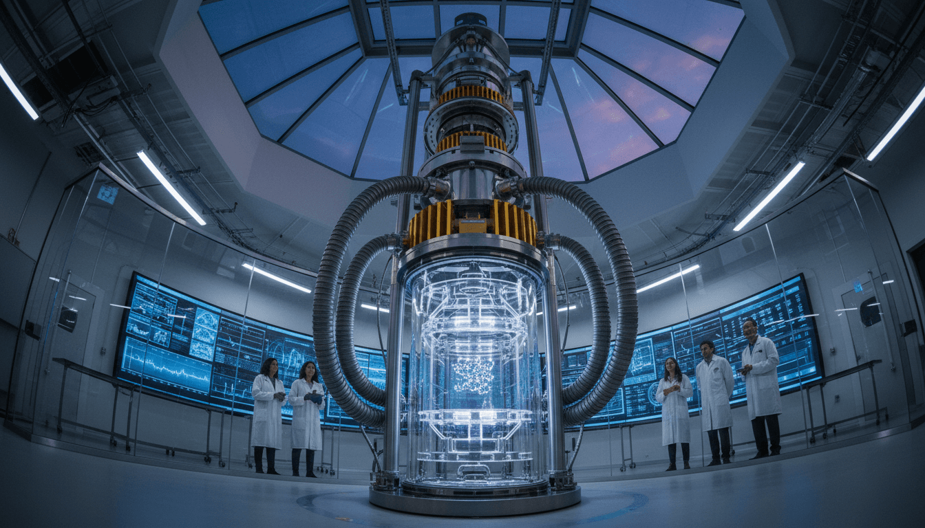 A futuristic quantum processor with glowing blue qubits arranged in a grid, shielded by an intricate, transparent protective casing, symbolizing the multi-qubit protection breakthrough.