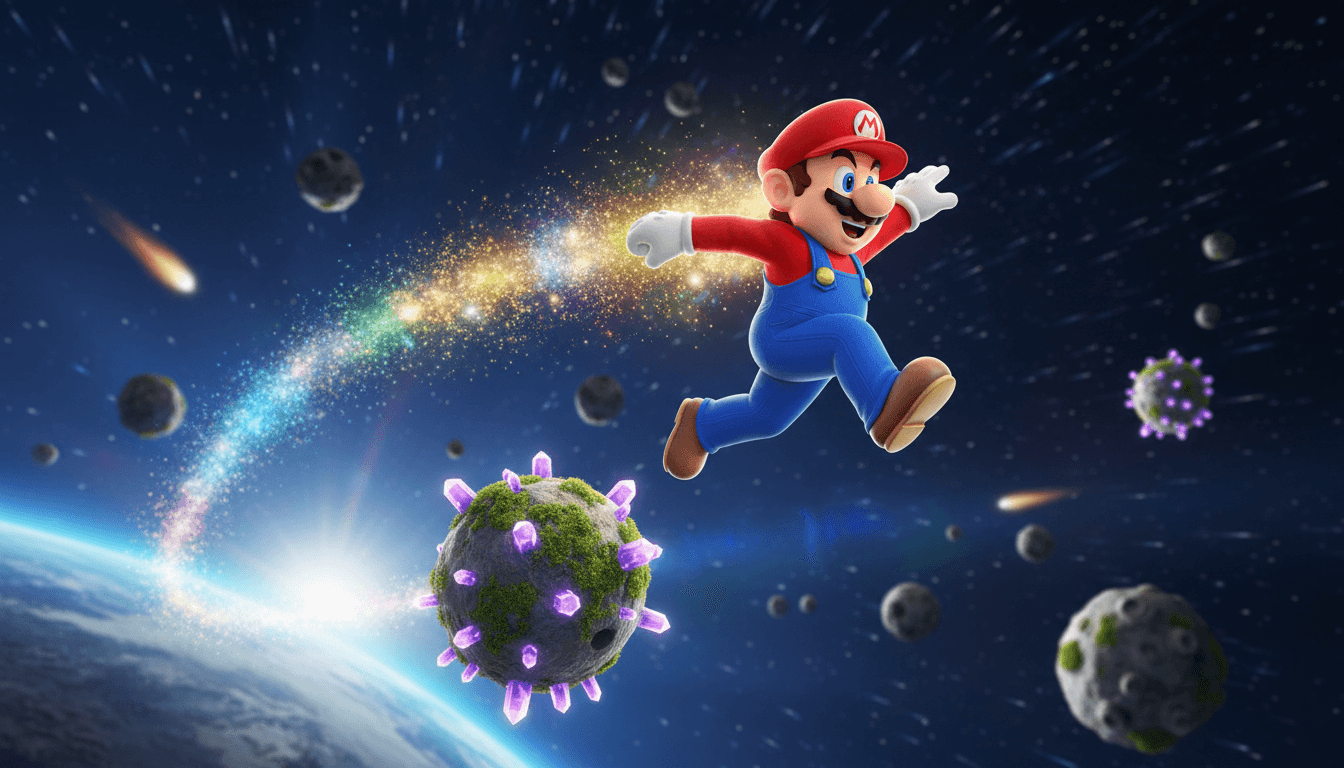 A vibrant still from the Super Mario Galaxy Movie showing Mario mid-jump on a small, spherical planetoid with stars and cosmic dust swirling in the background.
