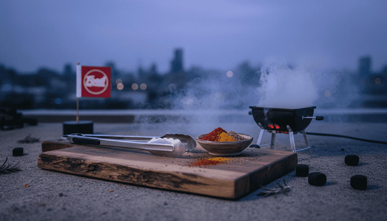 A promotional image for BBQ Brawl: Season Seven, featuring Bobby Flay, Maneet Chauhan, and Brooke Williamson.