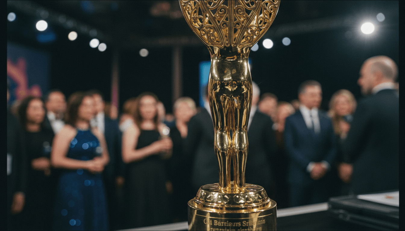 A close-up of a golden Chetak Screen Awards 2026 trophy, reflecting stage lights and a blurred audience in the background.