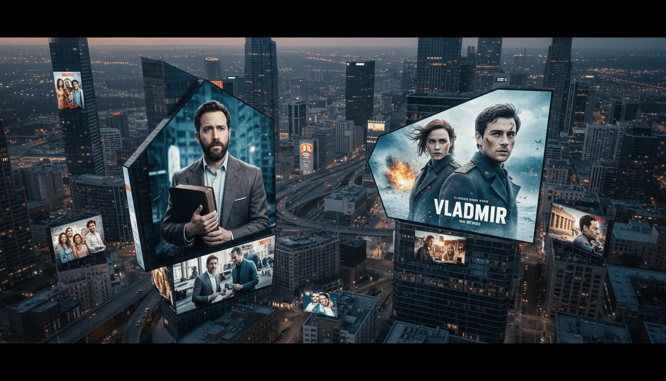 An aerial shot of a bustling, modern city skyline at dusk, with digital screens on buildings displaying snippets of blockbuster Netflix series, including 'Big Mistakes' and 'Vladimir', suggesting widespread viewing.