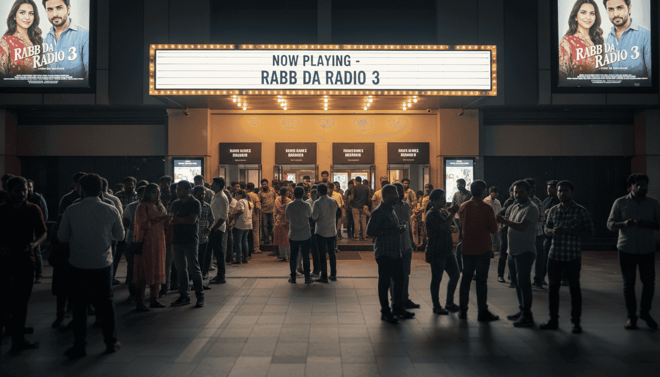 A bustling, vibrant movie theater lobby on the opening weekend of 'Rabb Da Radio 3 Box Office', with excited fans lining up for tickets and posters of Tarsem Jassar and Nimrat Khaira prominently displayed.