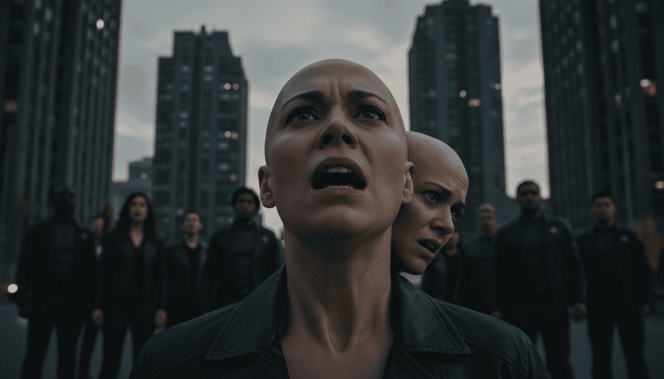 Ashley Barrett with a second face on her bald head, next to a group of new supes in The Boys Season 5 premiere.