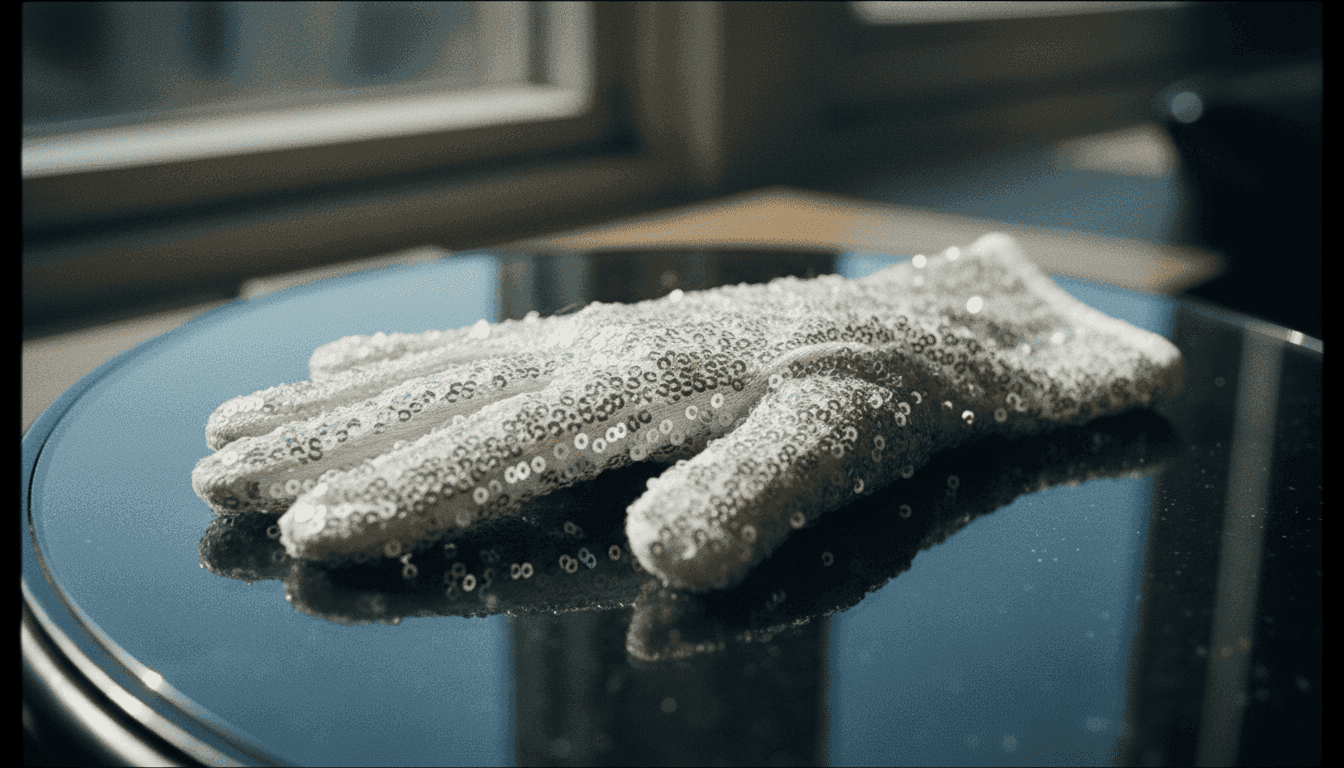 A close-up of a shimmering, sequined white glove, iconic to Michael Jackson, symbolizing the upcoming 2026 release date of his biopic.