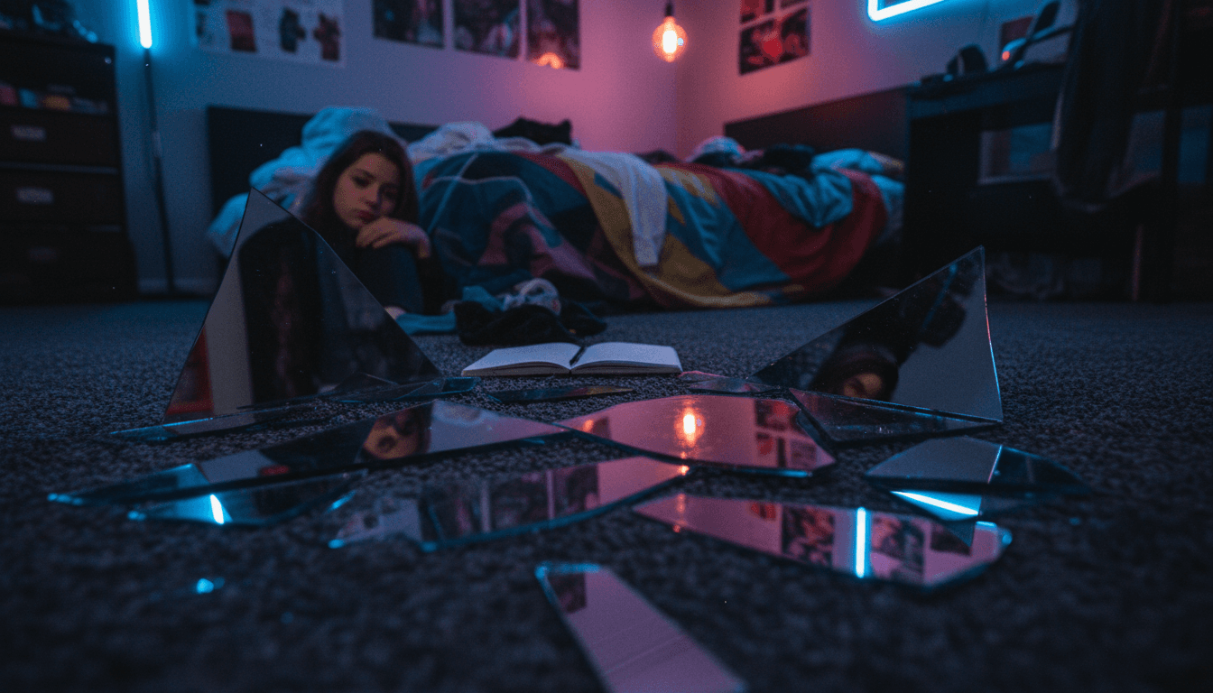 A conceptual image representing the 'Euphoria' Season 3 return, showing fragmented reflections in a mirror.