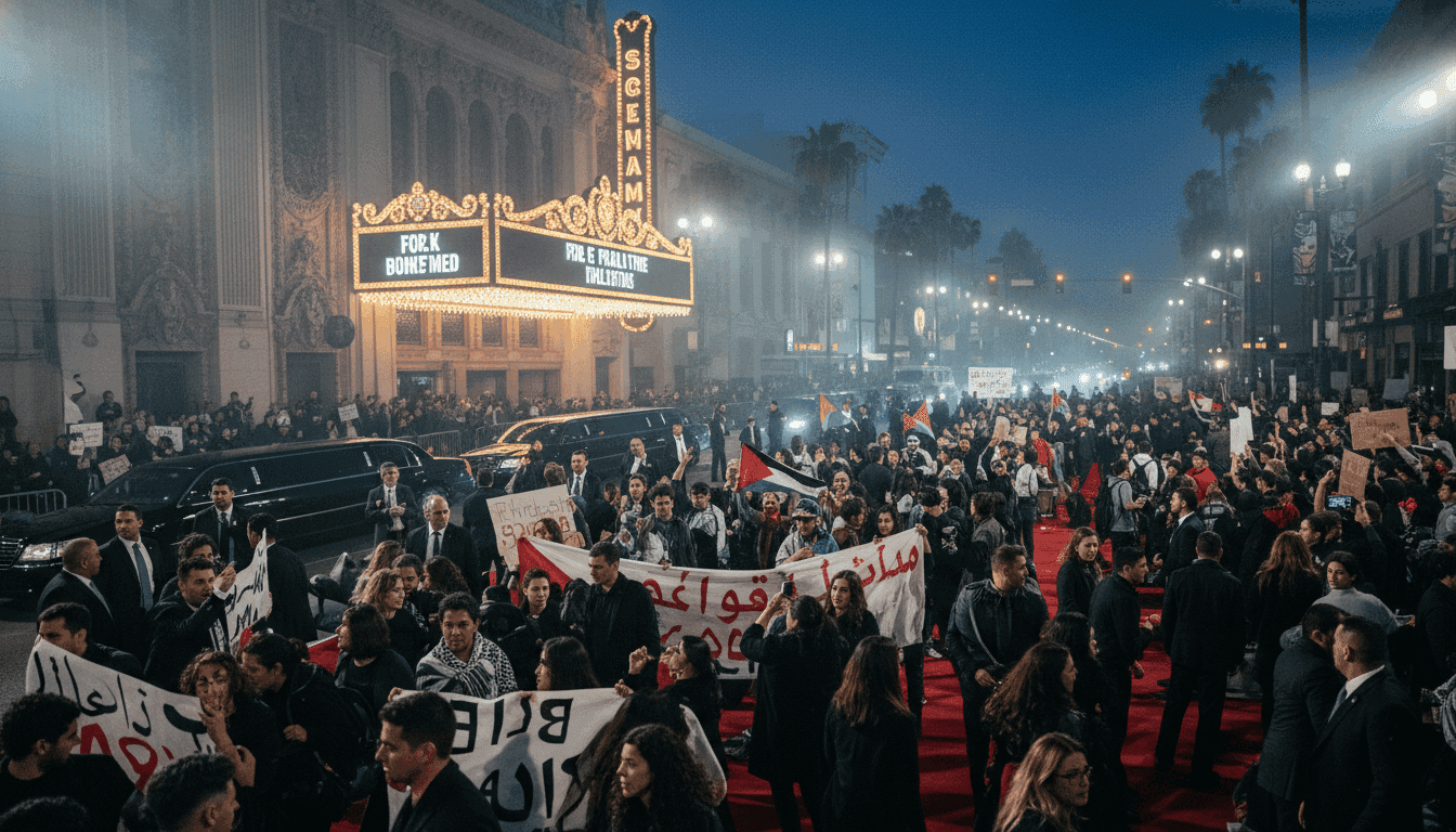 A wide shot of the 'Scream 7' protest disrupting the film's premiere, showing activists with signs and a red carpet in the background.