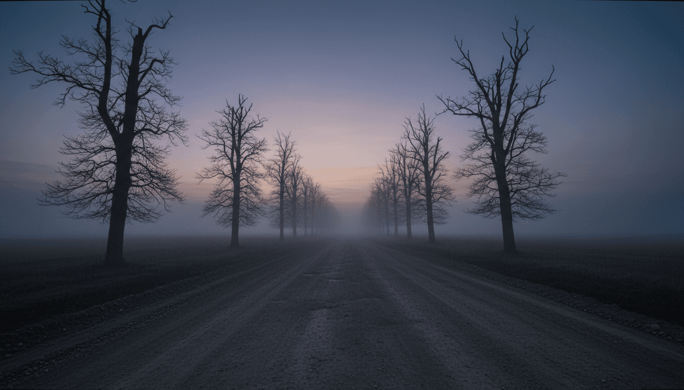 A dimly lit, fog-shrouded forest path at dusk, conveying the mysterious and unsettling atmosphere of the 'From' Season 4 premiere free online.