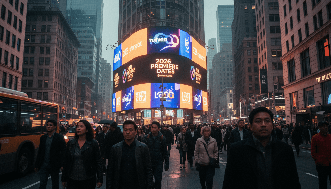 A bustling city street at dusk, with bright neon signs advertising 2026 premiere dates for new series and a mix of streaming, broadcast, and cable network logos.