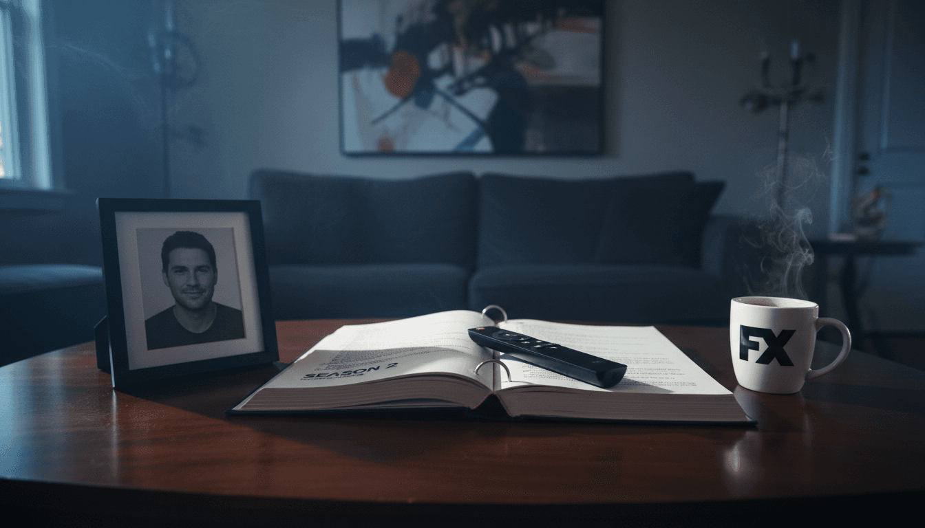 A close-up shot of an FX network logo displayed on a sleek television screen, with a script binder titled 'Season 2' and a headshot of actor Austin Amelio resting on a coffee table in the foreground.