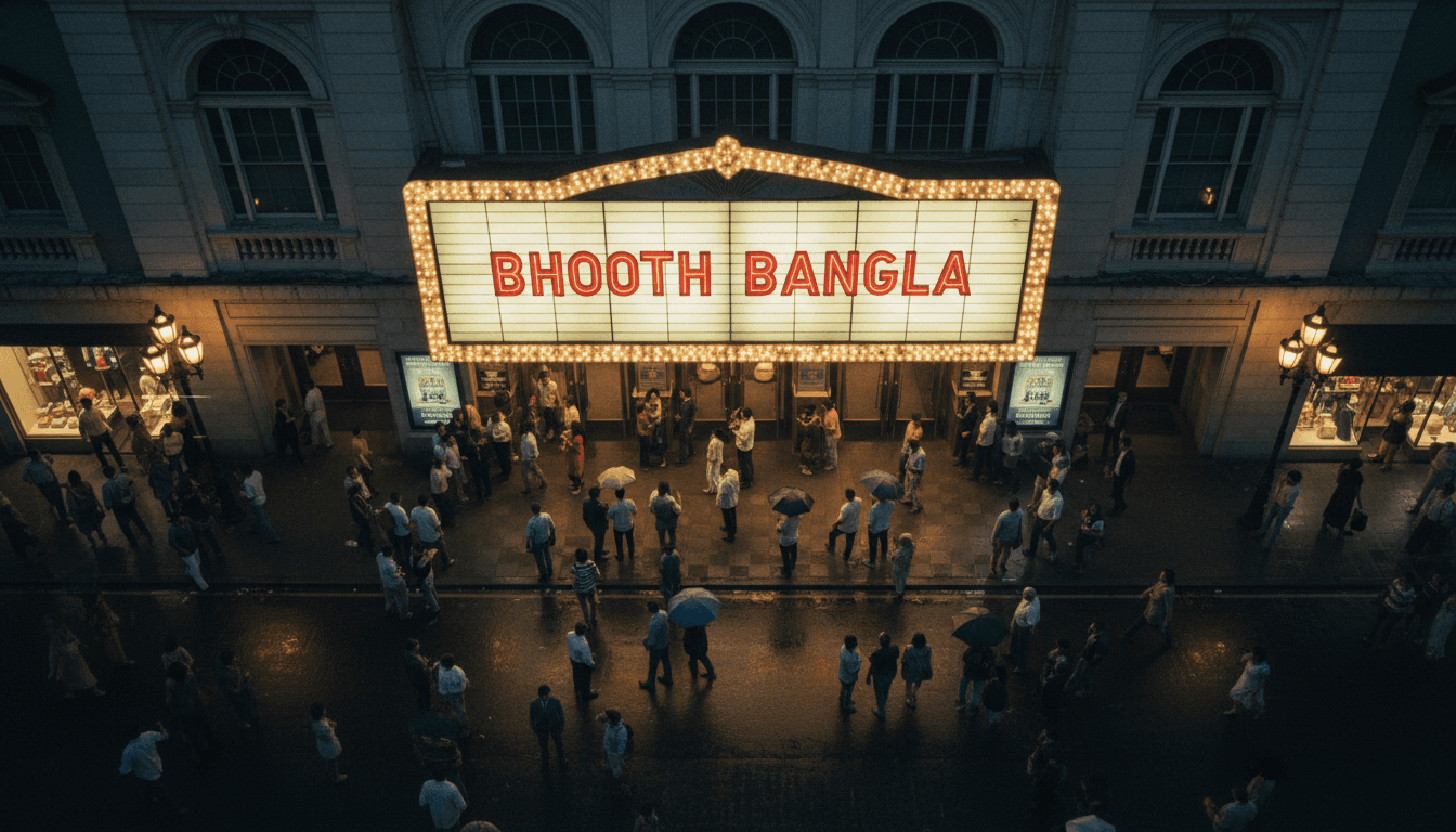 A bustling cinema entrance marquee displaying 'Bhooth Bangla Box Office' in vibrant lights, with crowds lining up for tickets.