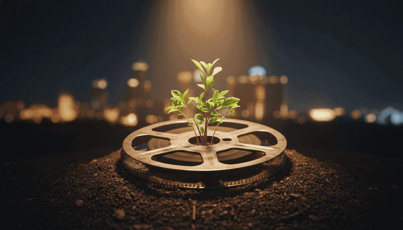 A conceptual image representing students win Planet Detroit awards for environmental films, showing a film reel with sprouting green leaves and a spotlight shining on it.