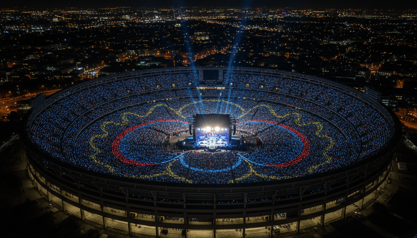An aerial view of a packed stadium during a TXT concert, illustrating the group's global reach after TXT lands third place on Billboard 200.