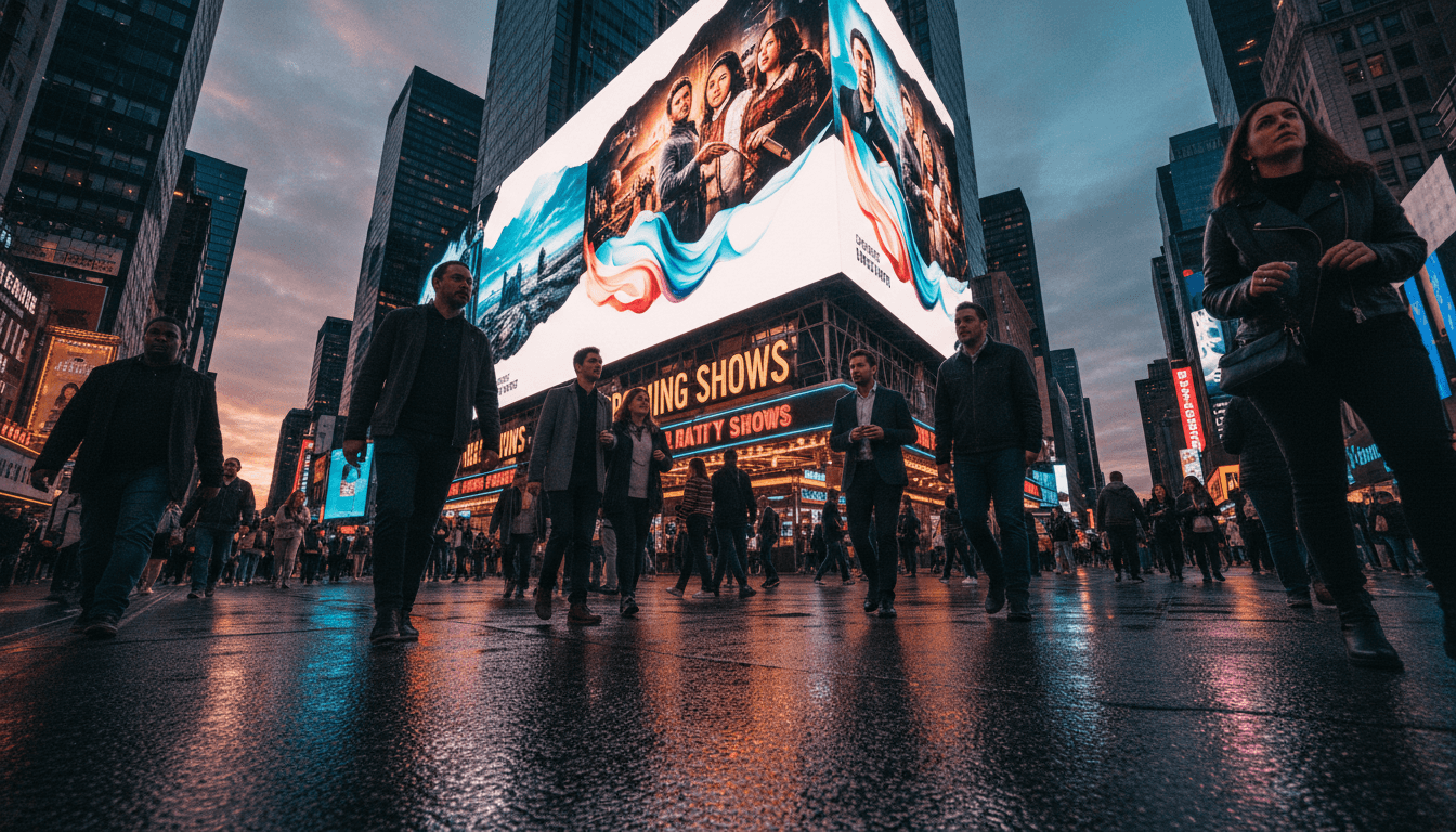 A bustling city street at dusk, with digital billboards showcasing stylized imagery of upcoming shows on Apple TV+.