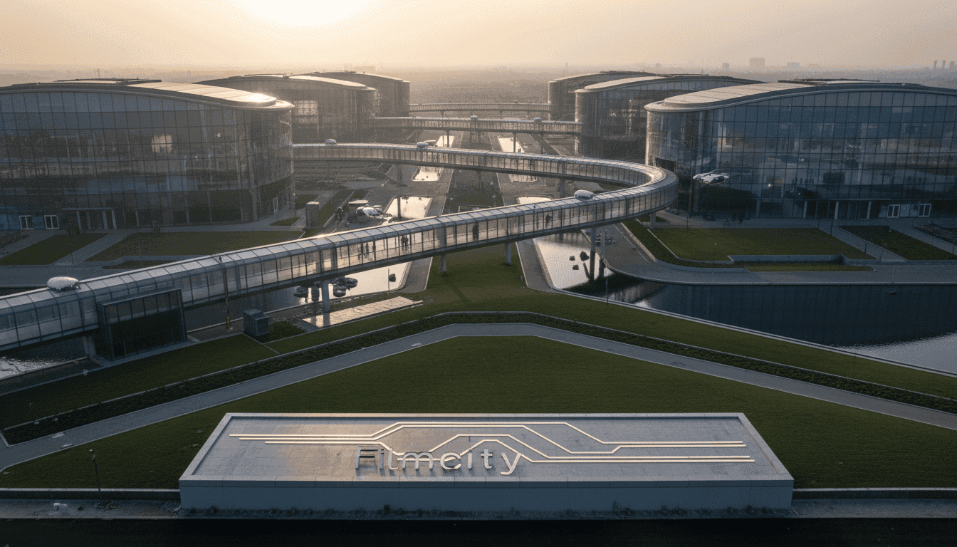 A conceptual rendering of a modern 50-Acre Film City complex at dawn, with sleek, futuristic buildings and lush green spaces.