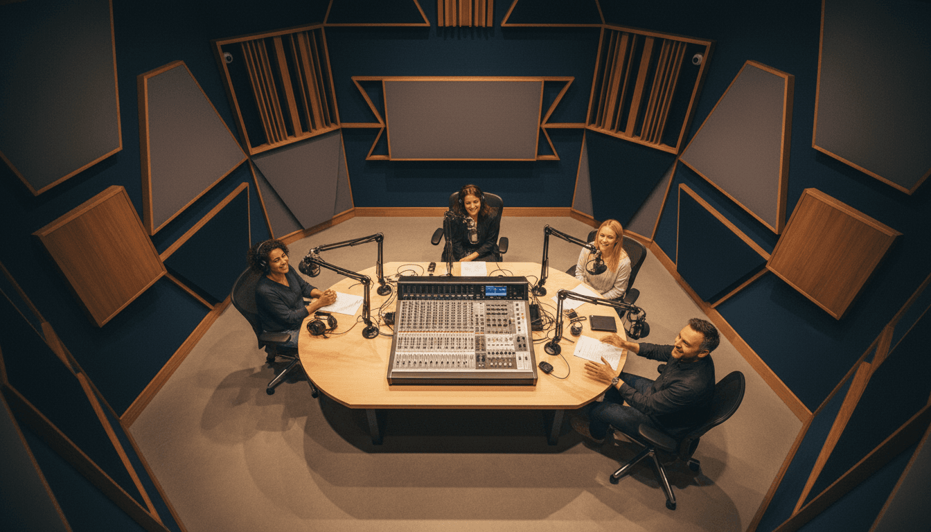 Jamie East standing confidently in a modern podcast studio, surrounded by microphones and sound equipment, ready to launch his new celebrity podcast series.