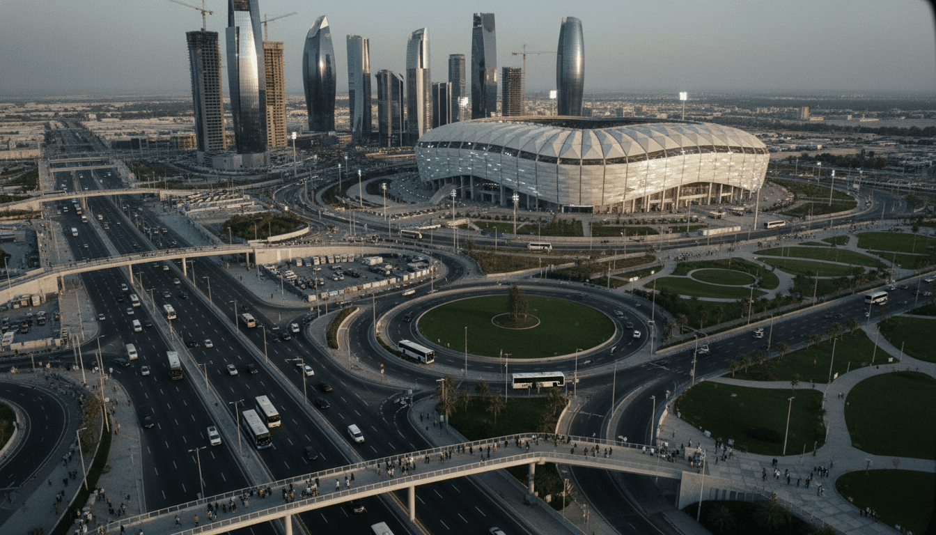 An aerial view of a newly constructed, state-of-the-art stadium in Qatar, illuminated at night, showcasing the scale of the Qatar World Cup spending.