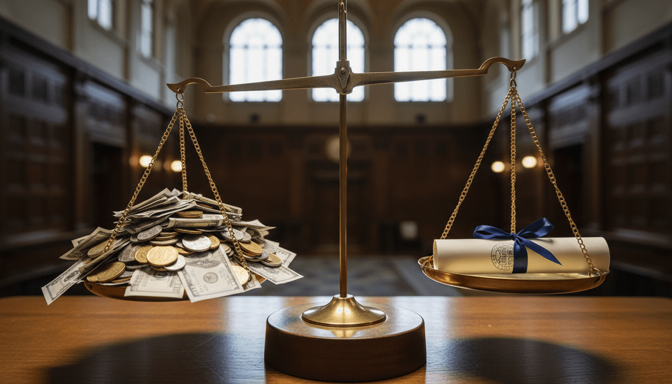 A stylized image depicting a golden scale, with one side heavily weighted by a large stack of money bags labeled 'NCAA Revenue Sharing' and the other side balanced by a lone collegiate sports helmet, symbolizing the shift from amateurism to direct athlete compensation.