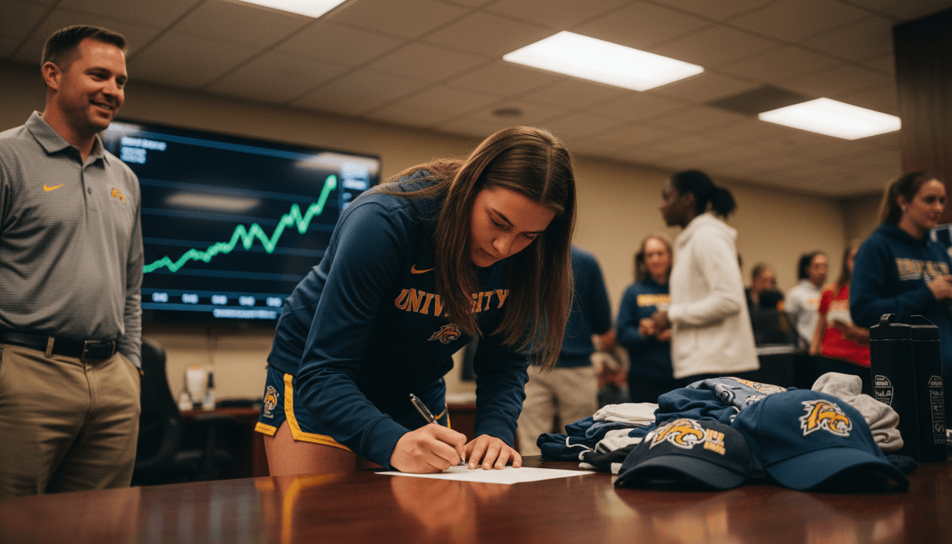 A college athlete signing a NIL marketplace endorsement deal, with a brand logo visible in the background.