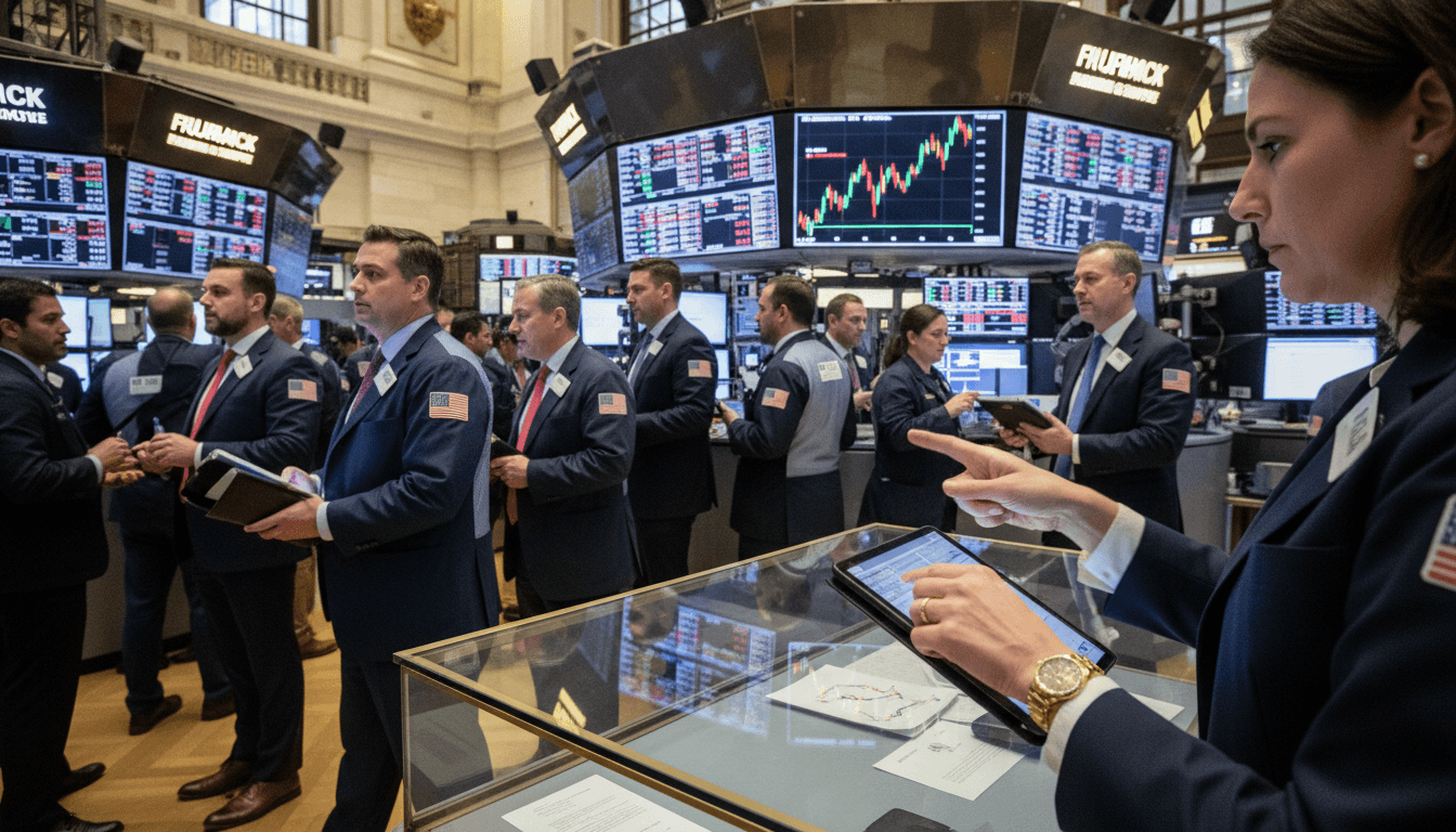 A bustling stock exchange floor with traders actively monitoring screens, overlaid with a subtle graphic of a music artist performing, symbolizing the Universal Music Group bid's financial and entertainment merger.