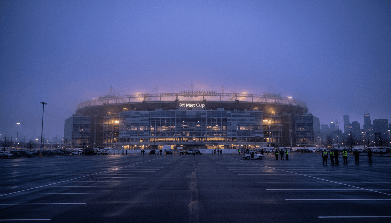 An exterior wide shot of MetLife Stadium, the venue for the World Cup matches, showing the massive structure under a clear sky, highlighting the scale of the World Cup financial drain.