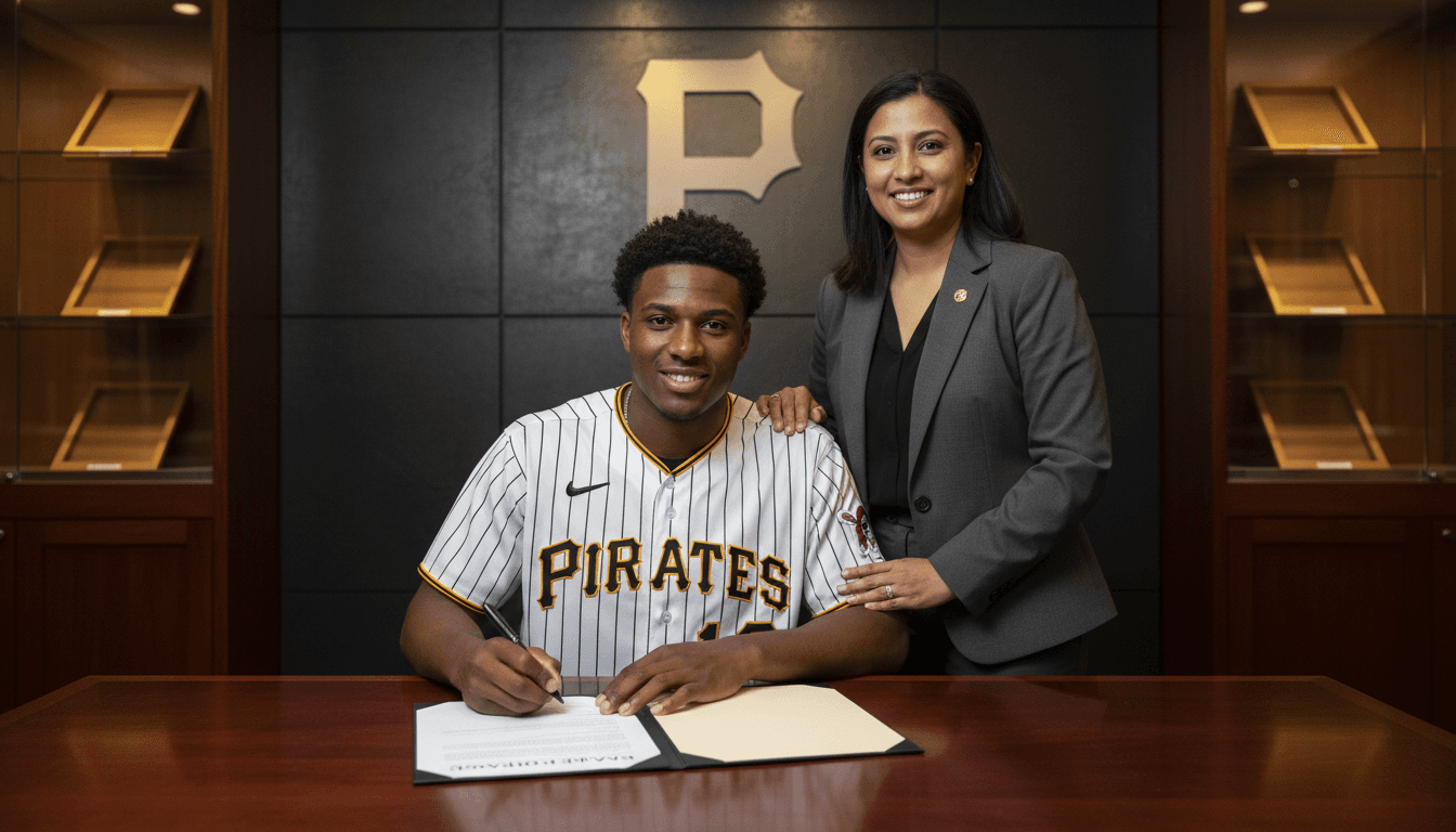Konnor Griffin signing his record-breaking Konnor Griffin contract with the Pittsburgh Pirates, pen in hand, smiling next to team officials.