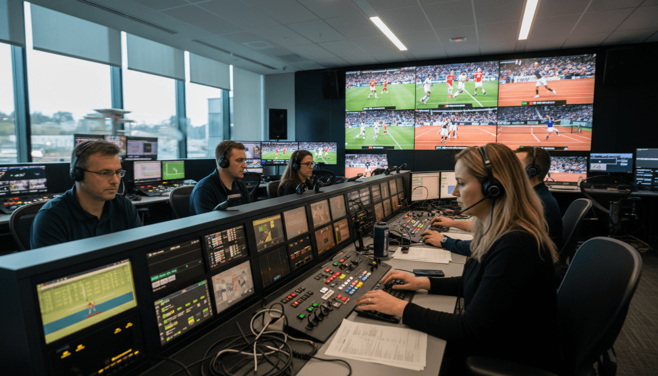 A bustling control room at a major sports broadcast facility, with multiple screens displaying live feeds of various sporting events. Technicians are focused on monitors, managing the complex production and distribution of global sports rights.