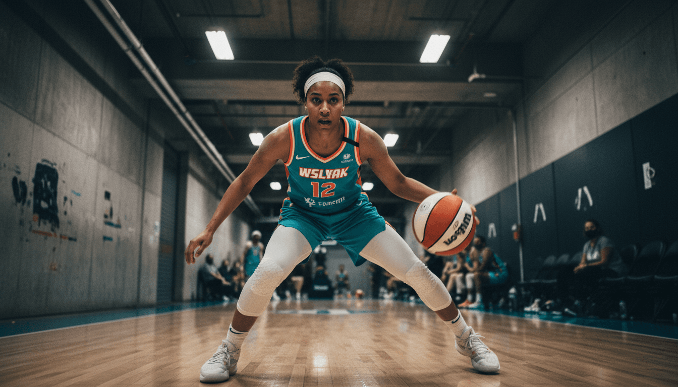 A WNBA player in motion, mid-dribble, during a competitive game, highlighting the impact of the WNBA salary cap on player value.