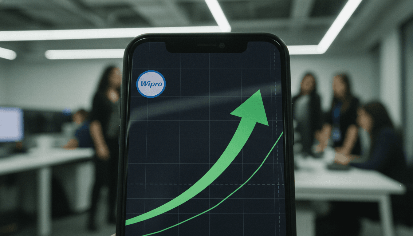 Close-up of a digital display showing a stock market graph with an upward trend, overlaid with a subtle Wipro logo, symbolizing the positive financial impact of the Wipro Olam deal.