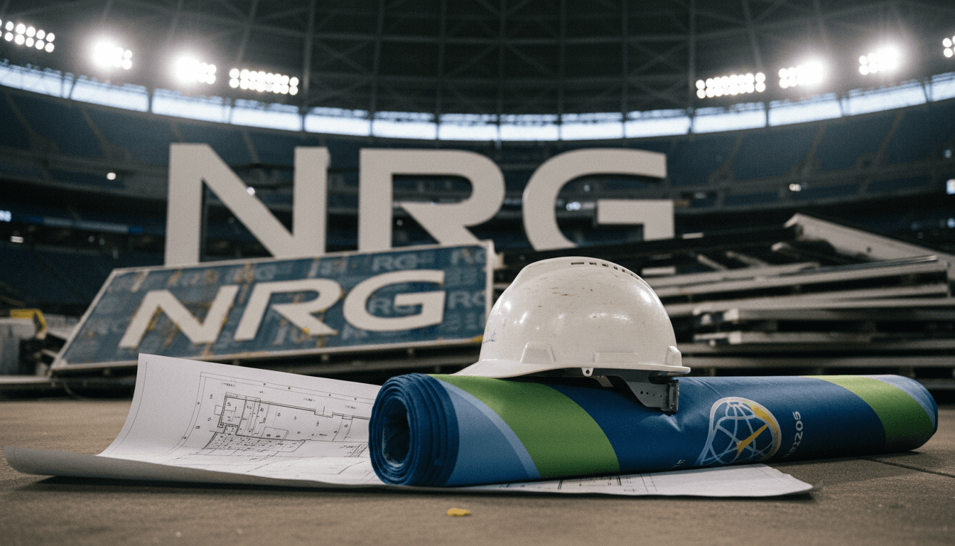 A vibrant, close-up shot of the 'NRG Stadium' sign being replaced with temporary 'FIFA World Cup 2026' branding, showcasing the new logos and colors.