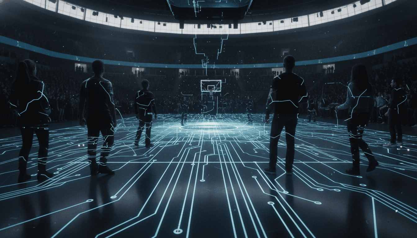 A stylized digital basketball court where streaming data flows like glowing lines, symbolizing the NBA streaming shift and its impact on fan access.