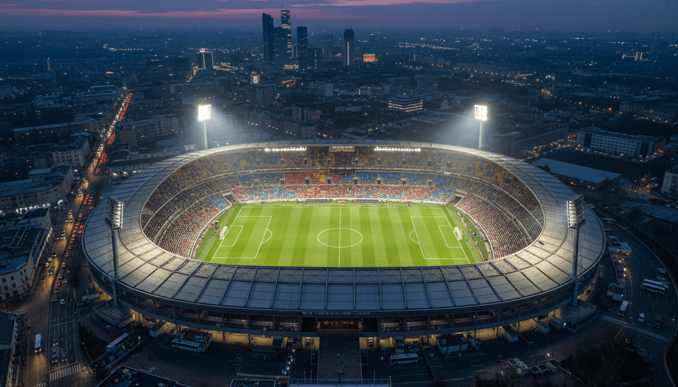 An aerial view of a packed football stadium during a World Cup match, showcasing the massive scale of the event and its World Cup economic contribution.