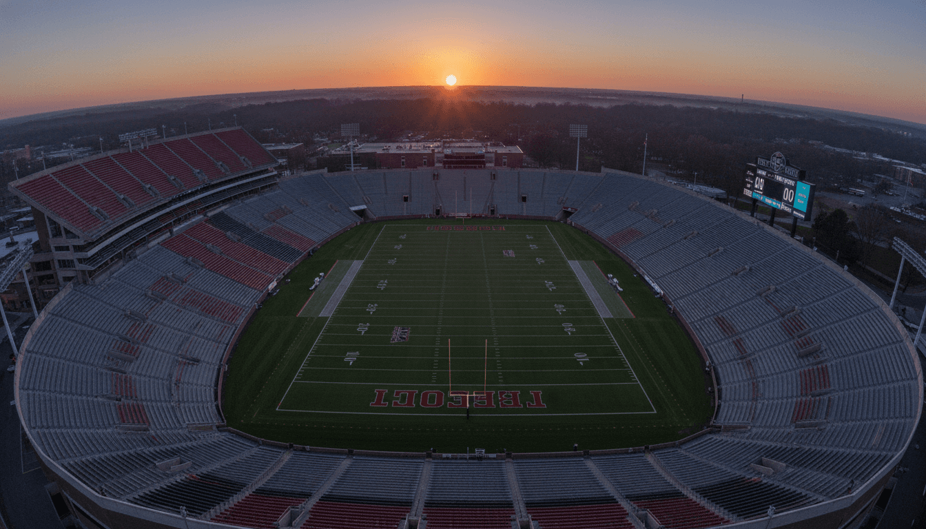 A dimly lit college football stadium at dusk, with the scoreboard displaying a generic game score, emphasizing the quiet anticipation of a significant business change after the Landmark TPG Learfield Acquisition.