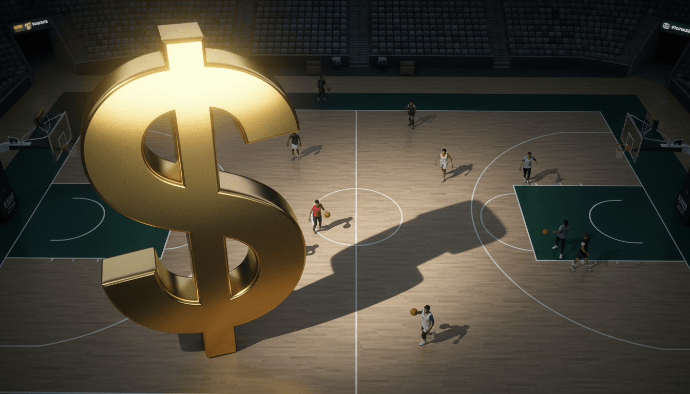 A stylized, abstract visual representing a massive TV deal, with a large golden dollar sign eclipsing a smaller, slightly out-of-focus basketball court.