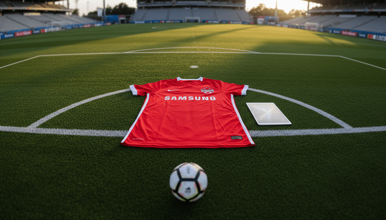 A stylized composition featuring a Canada Soccer team jersey with the Samsung logo prominently displayed on the sleeve or chest, alongside a sleek Samsung smartphone or tablet, subtly hinting at the technology partnership. A miniature soccer ball rests nearby.
