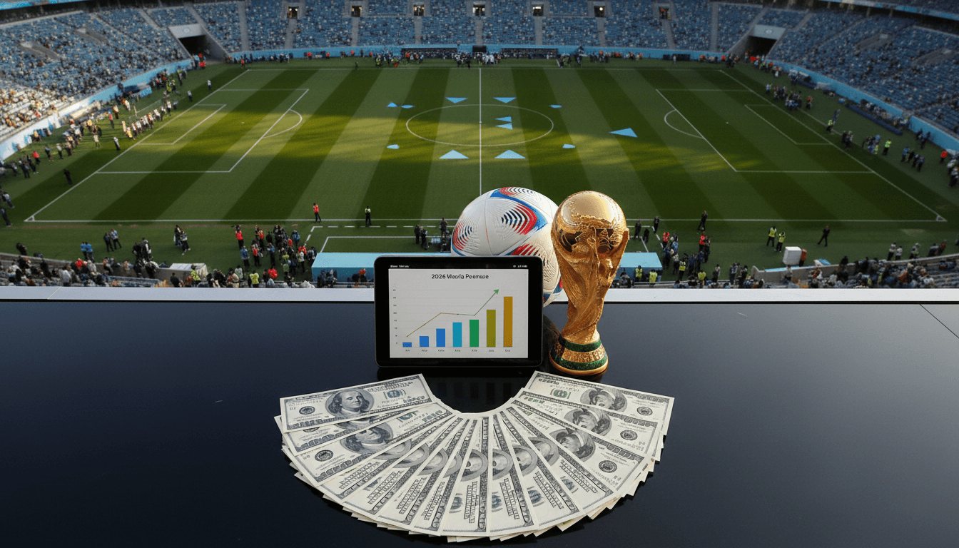 A meticulously arranged still life showcasing various objects symbolizing the record World Cup revenue: a stack of crisp hundred-dollar bills, a miniature gold replica of the FIFA World Cup trophy, a pristine official 2026 World Cup football, and a tablet displaying a bar graph illustrating exponential revenue growth.