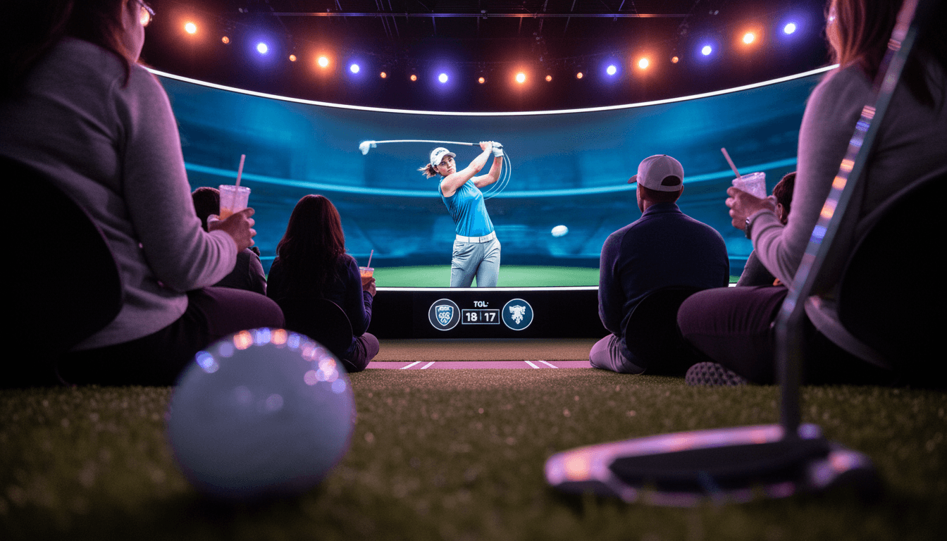 A bustling scene from a TGL golf arena, with spectators in the foreground and a large screen displaying a woman golfer mid-swing, highlighting the TGL women's teams sale.