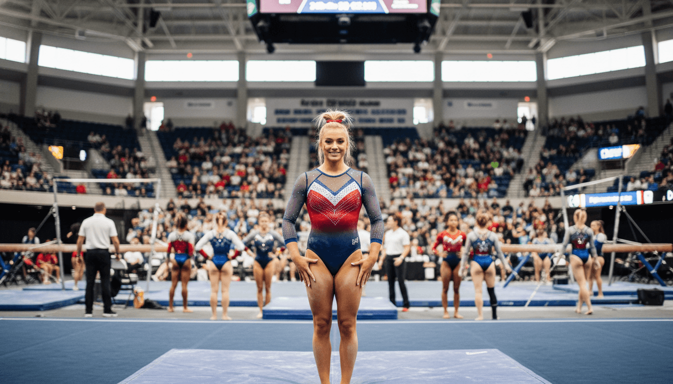 Olivia Dunne stands confidently in a gymnastics arena, embodying her multi-million dollar Olivia Dunne net worth through NIL deals.