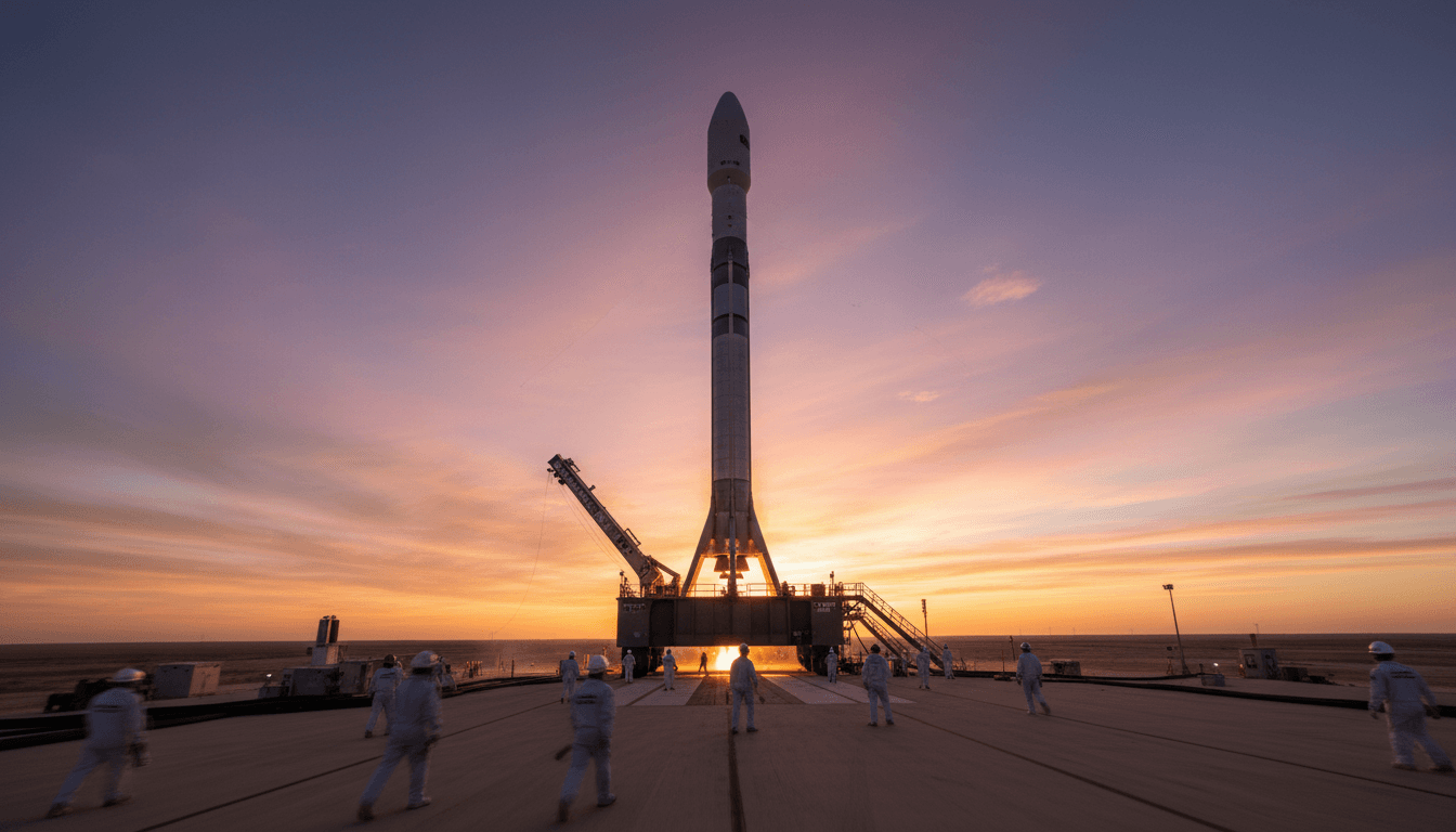 A futuristic rocket launchpad at dusk, with a large, sleek rocket silhouetted against a twilight sky, symbolizing the immense financial potential of the Blockbuster Alphabet SpaceX stake.