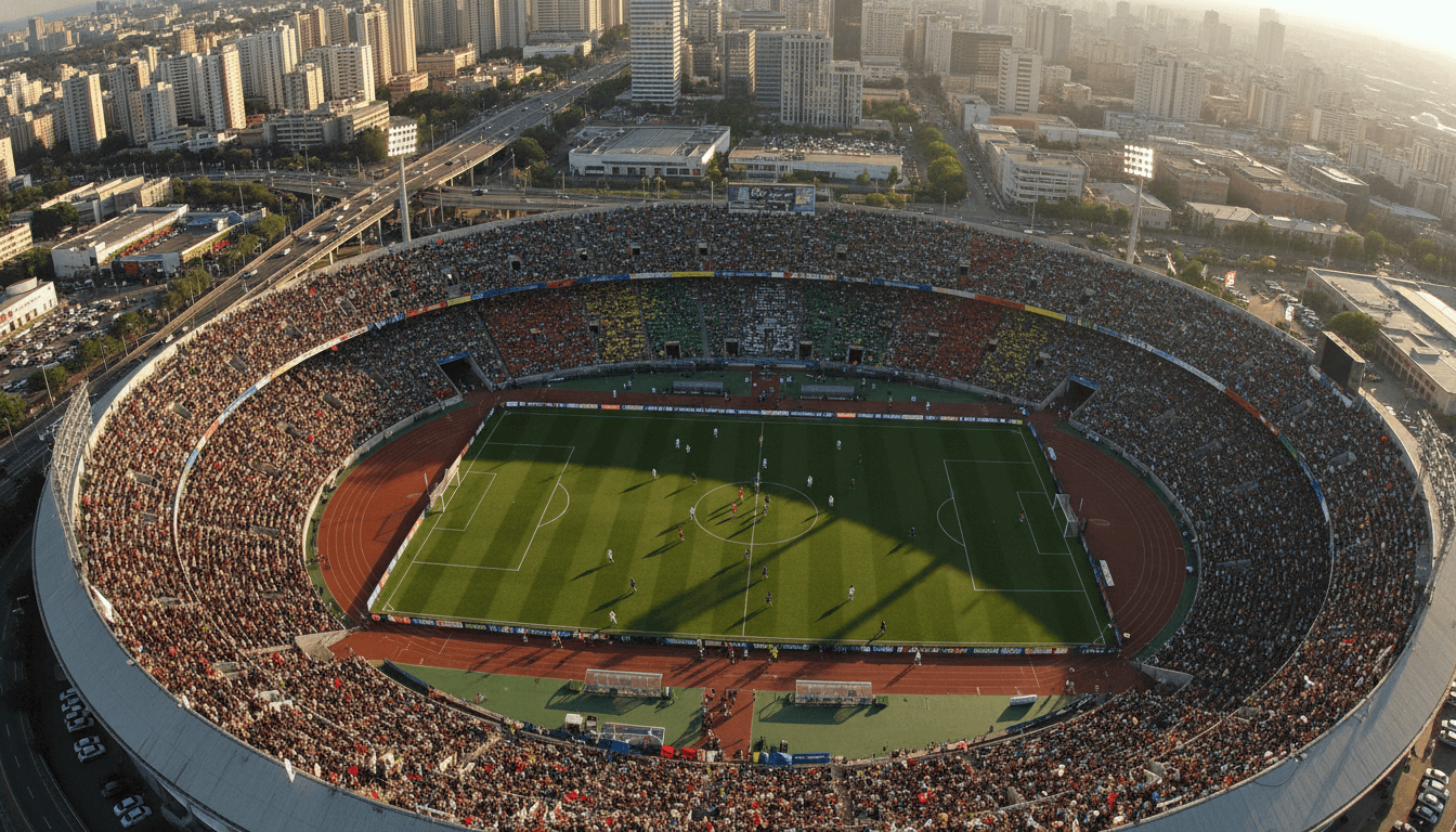 Aerial view of a packed multi-sport stadium during a major women's elite sport event, highlighting the scale of fan attendance and commercial activity.