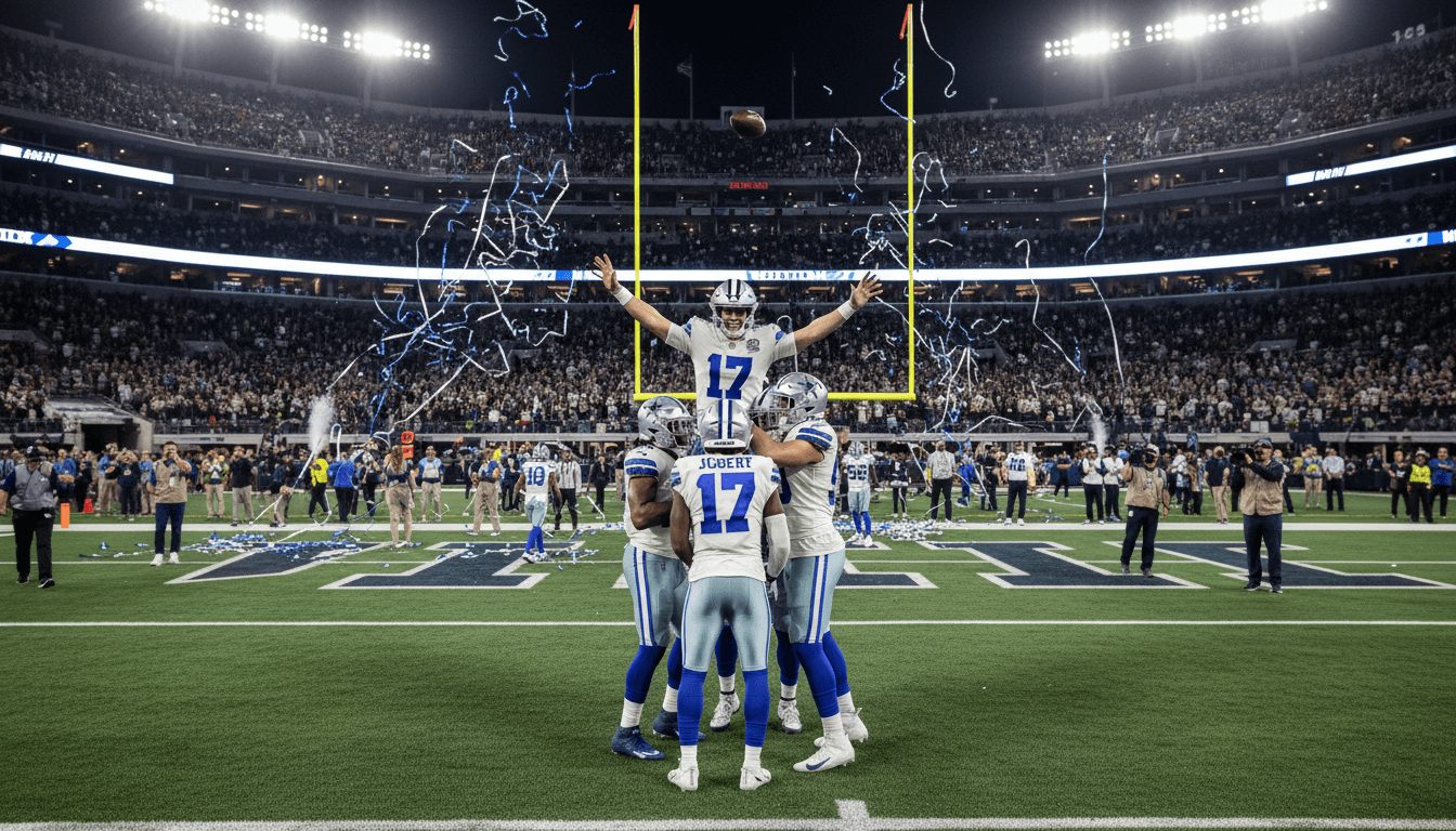Dallas Cowboys kicker Brandon Aubrey celebrating a successful field goal in a packed stadium, now the highest-paid kicker in the NFL.