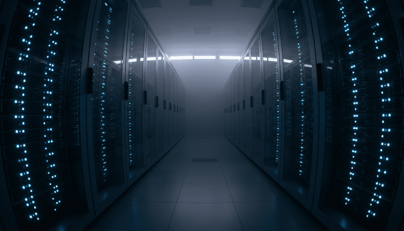 A futuristic, sleek server room with glowing blue lights, representing the advanced AI technology that SpaceX secures purchase rights for.