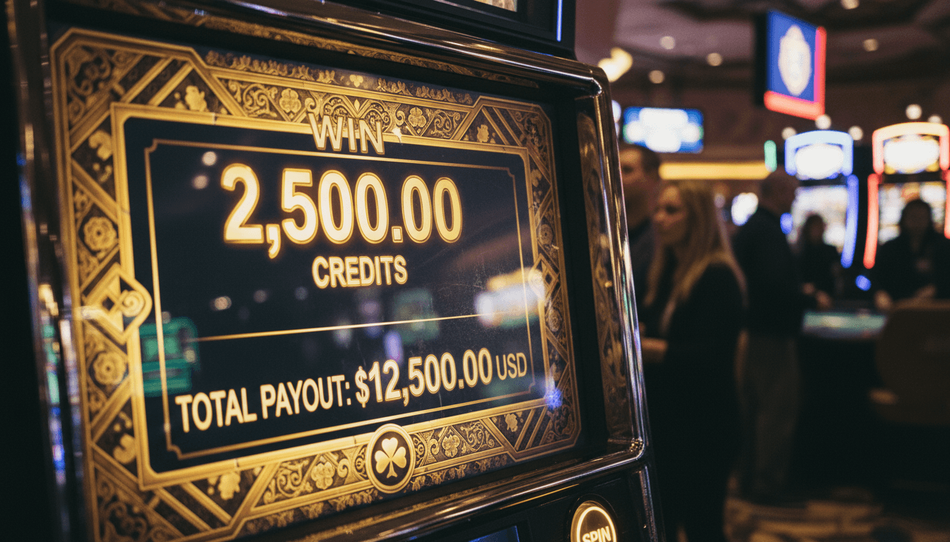 A close-up shot of a slot machine screen at a casino, displaying 'WIN' and a large dollar amount, with blurred casino lights in the background. This symbolizes the Massachusetts casino revenue.