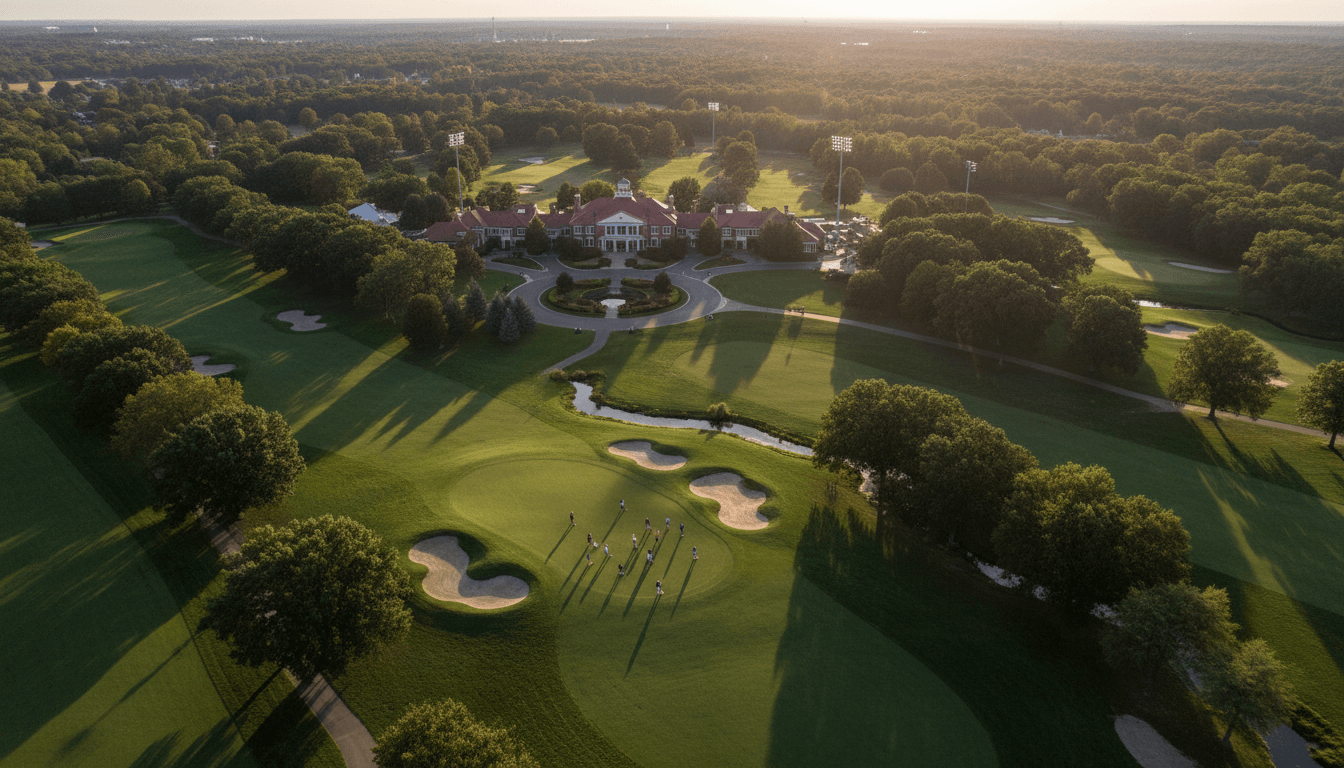 Aerial view of the Firestone Country Club operator's sprawling golf course, showcasing manicured greens and fairways.