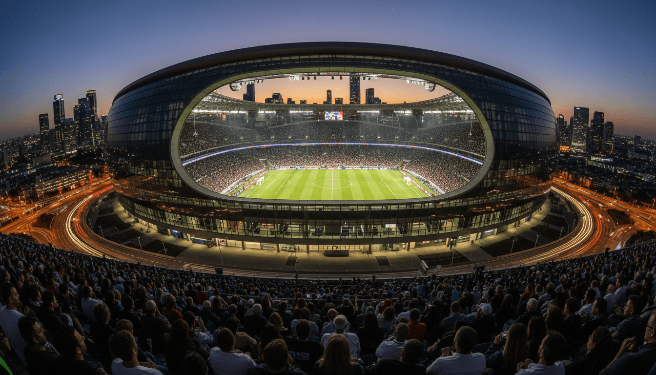 An aerial view of a massive, modern football stadium packed with spectators during a FIFA World Cup 2026 match, with the pitch clearly visible and city lights in the background.