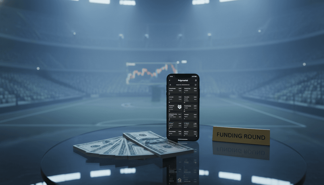 A digital screen displaying a Polymarket interface with various sports prediction outcomes, alongside stacks of cash and a 'Funding Round' sign, illustrating Polymarket seeks $400 million funding.