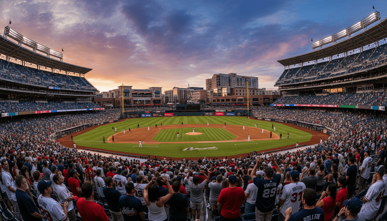 Wide shot of Truist Park, home of the Atlanta Braves, during a sunny game day, with the stadium full of fans and the surrounding Battery Atlanta development visible, illustrating the financial value beyond just the team's performance and why Atlanta Braves stock offers upside.
