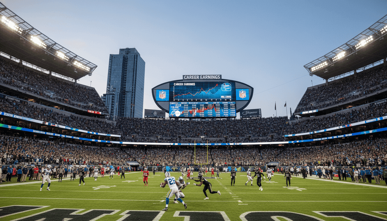 Roger Goodell career earnings of $500 million highlighted on a stadium scoreboard during an NFL game.