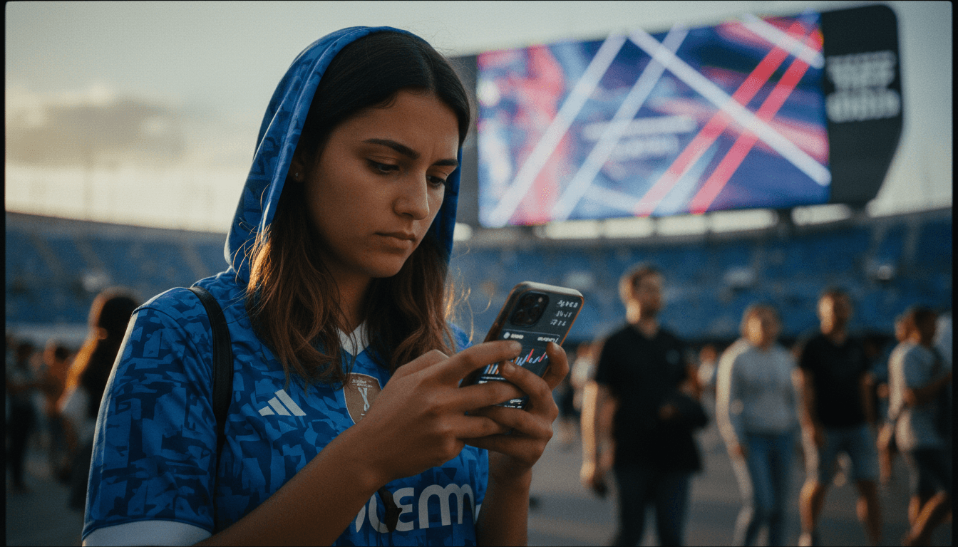 A close-up, street-level shot showing a fan in a FIFA jersey intently looking at a mobile phone screen displaying a prediction market interface, with blurred stadium lights in the background, subtly indicating the context of FIFA’s prediction market deal.