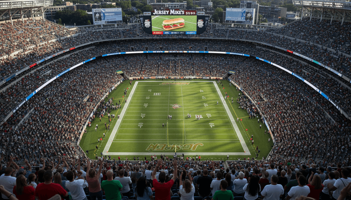 A vibrant stadium with a large digital billboard displaying the Jersey Mike's Subs logo, symbolizing the impact of Jersey Mike's Subs Files for IPO at $12 Billion Valuation on sports marketing.